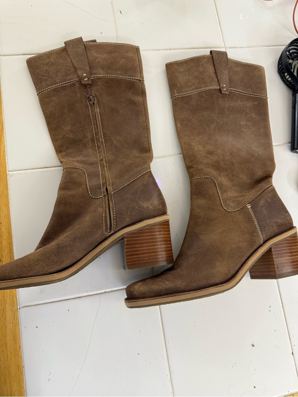 Nine West Brown Suede Mid-Calf Stacked Heel Boots /OBO$